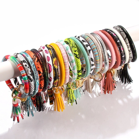 Mode PU Leder O-Ring Schlüsselanhänger Armband Mit Quaste Anhänger Armband Schlüsselring Für Damen Schlangen Leopard Muster Schmuck Geschenk
