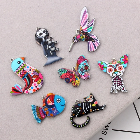 Alloy Enamel Animal Pendants Colorful Bird Cat Dog Fish Skull Charms For DIY Bracelet Necklace Jewelry Making Accessories