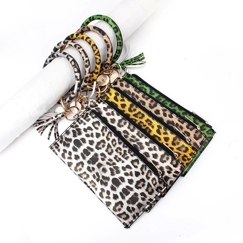 PU-Leder Armband Brieftasche Schlüsselanhänger mit Leopardenmuster für Damen Goldring Armreif Tasche mit Quaste Kartenhalter