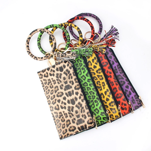 PU-Leder Armband Brieftasche Schlüsselanhänger mit Leopardenmuster für Damen Goldring Armreif Tasche mit Quaste Kartenhalter