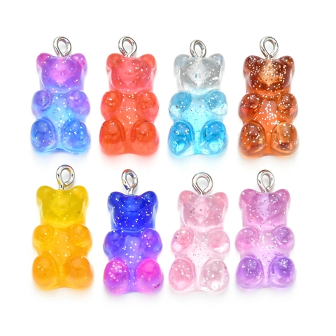 Colorful Glitter Gummy Bear Resin Pendants With Metal Ring For DIY Necklace Bracelet Earring Jewelry Making Gradient Bear Charms