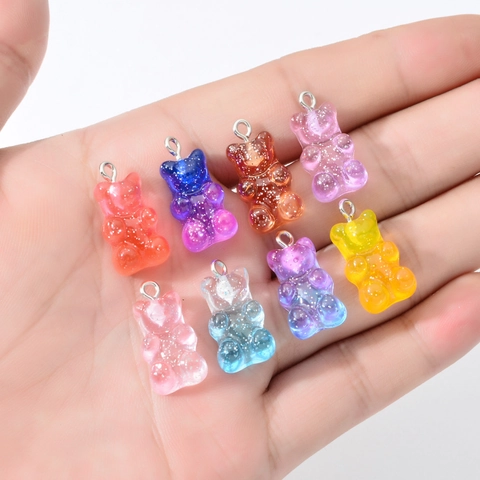Colorful Glitter Gummy Bear Resin Pendants With Metal Ring For DIY Necklace Bracelet Earring Jewelry Making Gradient Bear Charms