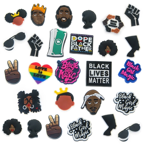 Silicone Shoe Charms Set For Clogs Sandal Decoration Black Cultural Theme Hip Hop Style Shoe Buckle Accessories Multicolor