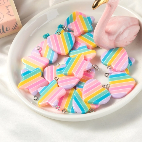 Rainbow Stripes Resin Heart Star Charms Pendants For DIY Jewelry Making Bracelet Necklace Keychain Handcraft Craft Accessories