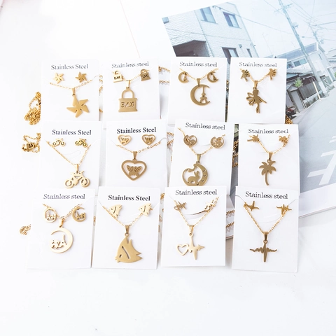 Stainless Steel Necklace And Earrings Jewelry Set Gold Plated Eiffel Tower Heart Lock Bicycle Butterfly Heartbeat Fairy Pendants Fashion Women Jewelry