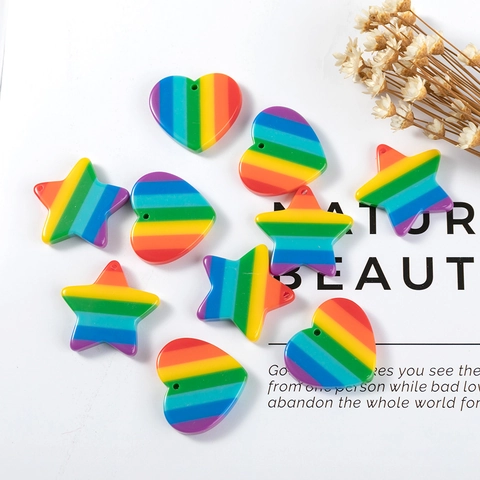 Rainbow Stripes Resin Heart Star Charms Pendants For DIY Jewelry Making Bracelet Necklace Keychain Handcraft Craft Accessories