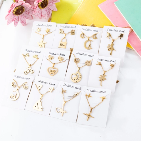 Stainless Steel Necklace And Earrings Jewelry Set Gold Plated Eiffel Tower Heart Lock Bicycle Butterfly Heartbeat Fairy Pendants Fashion Women Jewelry