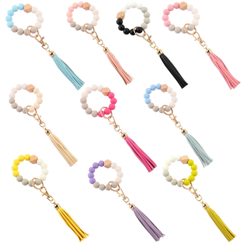 Llavero de Muñeca con Cuentas de Silicona Morandi con Borla de Cuero y Cuenta de Madera Hexagonal Pulsera Moda Mujer