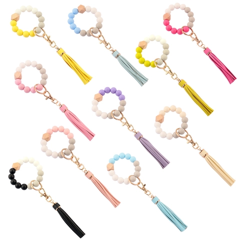 Llavero de Muñeca con Cuentas de Silicona Morandi con Borla de Cuero y Cuenta de Madera Hexagonal Pulsera Moda Mujer