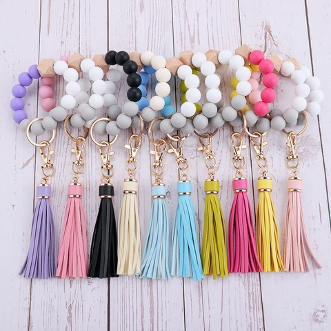 Morandi Farbe Silikon Perlen Schlüsselanhänger Leder Quaste Hexagon Holz Perle Armband Schlüsselring Halter Für Damen Taschen Schmuck