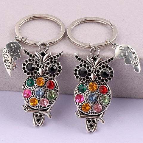 Porte-clés Vintage en Alliage Hibou Baleine Élan Avec Strass Colorés Pendentif Cœur Mère Fille Porte-clés en Métal pour Femmes Bijoux Cadeau