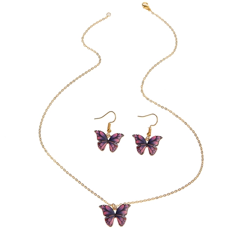 Mode Legierung Emaille Schmetterling Halskette Und Ohrringe Gold Farbe Farbverlauf Rosa Lila Schmuck Kollektion Für Damen