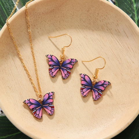Mode Legierung Emaille Schmetterling Halskette Und Ohrringe Gold Farbe Farbverlauf Rosa Lila Schmuck Kollektion Für Damen