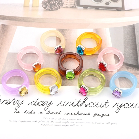 Colorful Resin Acrylic Square Rhinestone Inlaid Ring For Women Fashion Y2K Geometric Translucent Finger Ring Jewelry