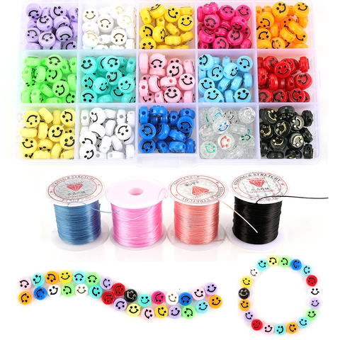 Ensemble de Perles en Résine Visage Souriant Coloré Kit d'Accessoires Bijoux DIY Avec Boîte de Rangement Pour Bracelets Colliers