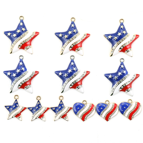 American Flag Star Heart Shape Alloy Enamel Pendants With Rhinestones For DIY Jewelry Making Necklaces Bracelets Accessories