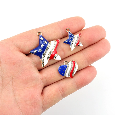 American Flag Star Heart Shape Alloy Enamel Pendants With Rhinestones For DIY Jewelry Making Necklaces Bracelets Accessories