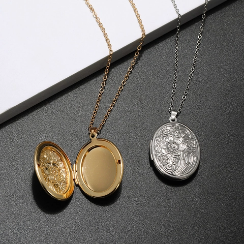 Vintage Oval Locket Necklace Alloy Floral Carved Embossed Photo Pendant Gold Silver Plated Jewelry Gift For Women