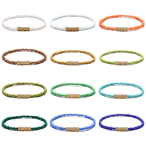Boheemse Handgemaakte Rocailles Armband Voor Dames Heren Minimalistische Elastische Meerkleurige Kralenarmband Met Gouden Metalen Kubus