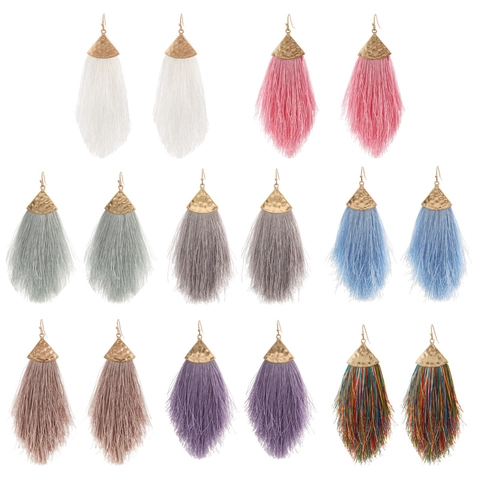 Boheems Gehamerd Driehoek Legering Lange Kwast Oorbellen Voor Vrouwen Vintage Etnische Handgemaakte Zijden Draad Franje Sieraden