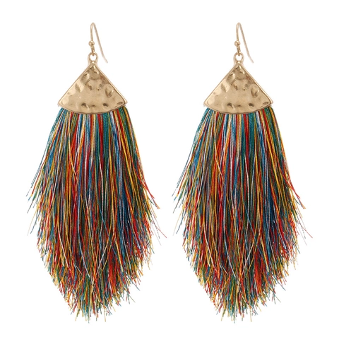 Boheems Gehamerd Driehoek Legering Lange Kwast Oorbellen Voor Vrouwen Vintage Etnische Handgemaakte Zijden Draad Franje Sieraden