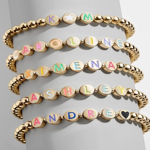 Goudkleurige Kralen Legering Armband Met Kleurrijke Emaille Alfabet Kralen Voor Dames Minimalistisch Woord Letter Armband Sieraden