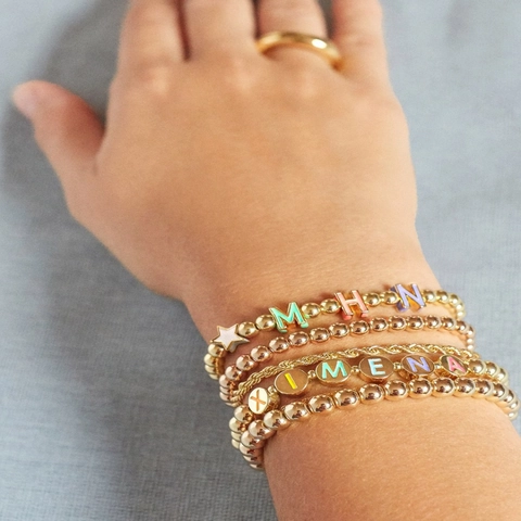 Goudkleurige Kralen Legering Armband Met Kleurrijke Emaille Alfabet Kralen Voor Dames Minimalistisch Woord Letter Armband Sieraden
