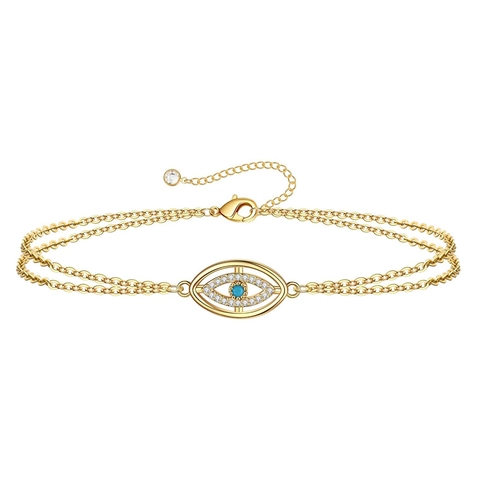 Minimalist 14K Gold Filled Double Layer Evil Eye Bracelet With Cubic Zirconia Inlaid Adjustable Chain Women Jewelry