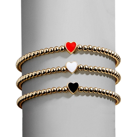 Dames Mode Vergulde CCB Kraal Armband Kleurrijke Emaille Hart Hanger Elastische Eenvoudige Zoete Armband Valentijnsdag Sieraden Cadeau