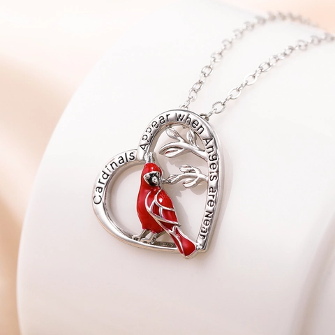 Copper Heart Cardinal Pendant Necklace For Women Silver Plated Enamel Red Bird Jewelry Inspirational Quotes Gift