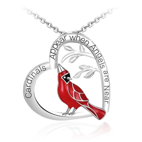 Copper Heart Cardinal Pendant Necklace For Women Silver Plated Enamel Red Bird Jewelry Inspirational Quotes Gift