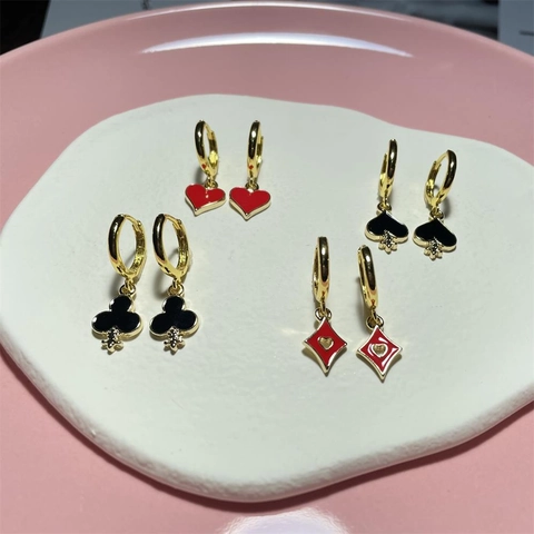 Fashion Copper Alloy Gold Plated Poker Suit Hoop Dangle Earrings For Women Enamel Heart Spade Club Diamond Fashion Jewelry