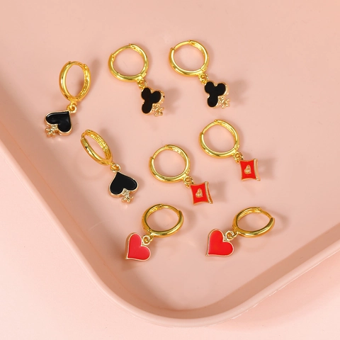 Fashion Copper Alloy Gold Plated Poker Suit Hoop Dangle Earrings For Women Enamel Heart Spade Club Diamond Fashion Jewelry