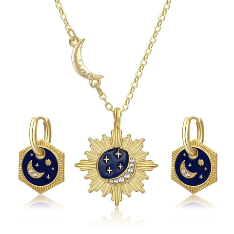 Bohemian Celestial Jewelry Set Gold Plated Copper Enamel Sun Moon Star Pendant Necklace Hexagon Hoop Earrings Set For Women