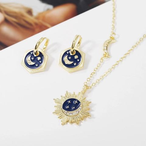 Bohemian Celestial Jewelry Set Gold Plated Copper Enamel Sun Moon Star Pendant Necklace Hexagon Hoop Earrings Set For Women