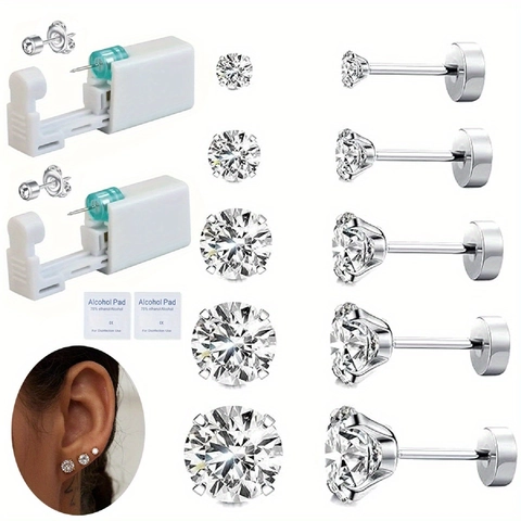 Kit Strumenti Piercing Orecchio Monouso Con Orecchini a Bottone in Acciaio Inossidabile e Zirconia e Tamponi Imbevuti di Alcol per Gioielli Moda Unisex