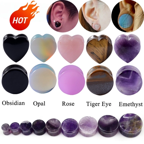 Natural Stone Heart Round Ear Plugs Gauges Double Flared Body Piercing Rose Quartz Amethyst Black Agate Opalite Stretching