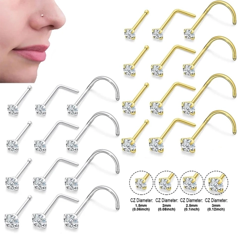 Juego de Piercings de Nariz de Acero Inoxidable 316L Con Zirconia Cúbica Blanca Forma L Recto Tornillo Joyería Mujer