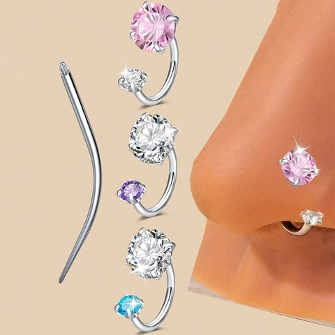 Aro de Nariz en Forma de C de Acero Inoxidable con Doble Zirconia Piercing de Herradura con Poste de Inserción Unisex