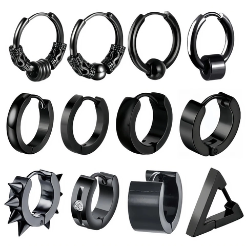 Black Stainless Steel Hoop Earrings For Men Punk Minimalist Huggie Earrings With Dragon Pattern Spike Zircon Inlaid Jewelry