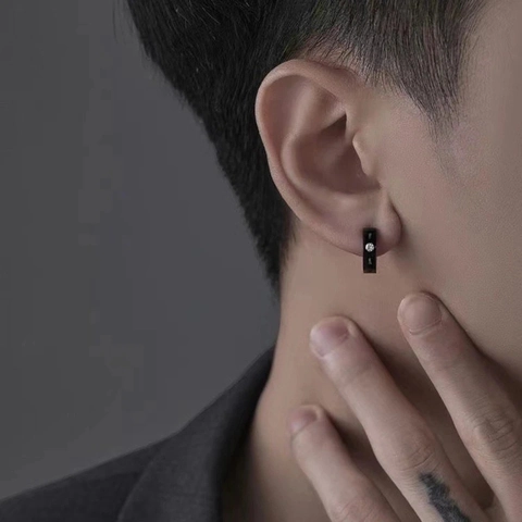 Black Stainless Steel Hoop Earrings For Men Punk Minimalist Huggie Earrings With Dragon Pattern Spike Zircon Inlaid Jewelry