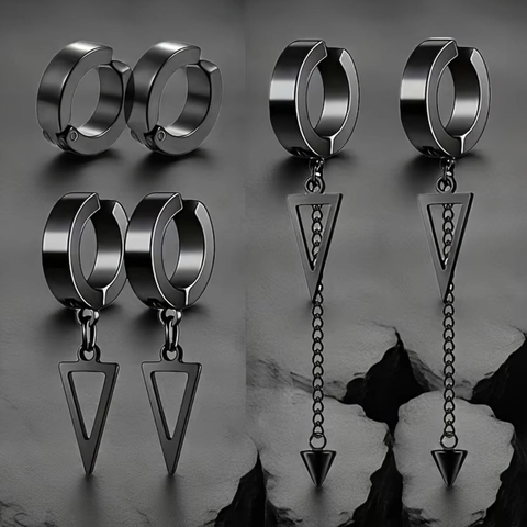 Clips d'Oreille Homme Punk en Acier Inoxydable Noir Sans Perçage Comprenant des Boucles d'Oreilles Triangle et Pendentifs Chaîne