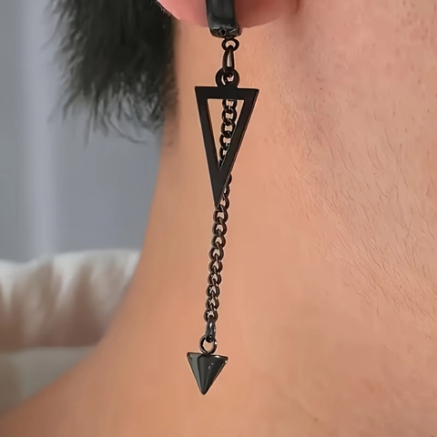 Clips d'Oreille Homme Punk en Acier Inoxydable Noir Sans Perçage Comprenant des Boucles d'Oreilles Triangle et Pendentifs Chaîne