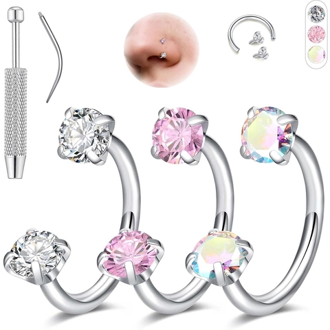 Roestvrij Staal Hoefijzer Piercing Sieraden Set Voor Vrouwen Zirconia Inwendige Draad Neusring Circular Barbell Met Piercing Gereedschap