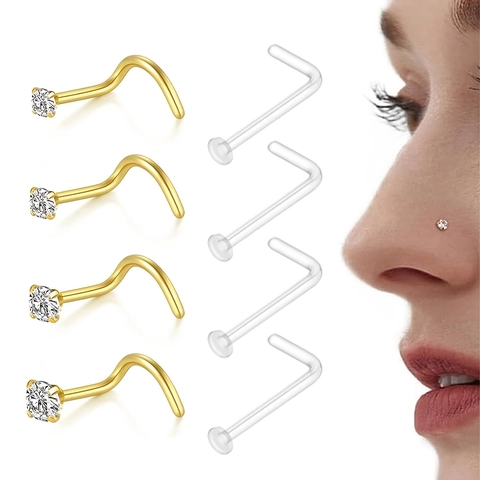 Stainless Steel Nose Ring Clear Bioflex Plastic Flexible Nose Stud Cubic Zirconia Piercing Jewelry Women Men Gift