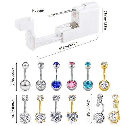 Disposable Belly Piercing Gun Kit With Stainless Steel Belly Rings Zirconia Navel Rings And Positioning Clip Body Jewelry