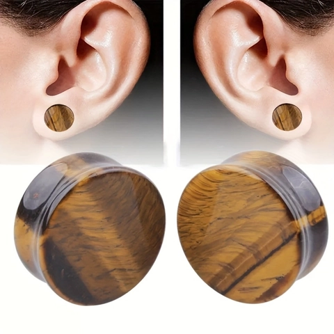 Natural Tiger Eye Stone Ear Plugs Double Flared Saddle Body Piercing Jewelry Polished Organic Gauges Unisex