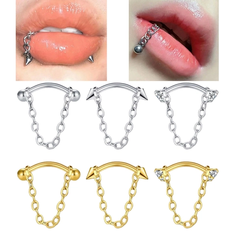 16G Stainless Steel Lip Piercing Jewelry With Chain Curved Barbell Spikes Ball Zircon Decor Body Jewelry For Unisex Punk