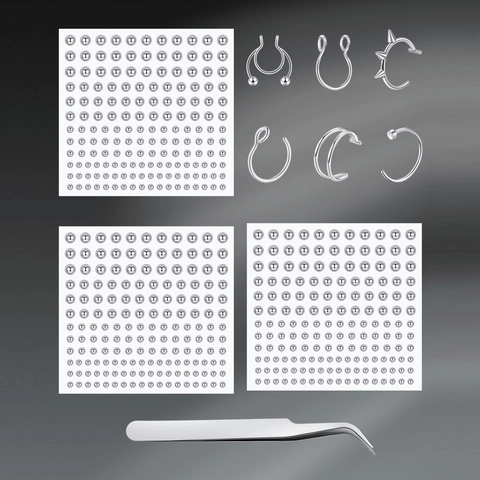 Autocollants Faux Piercing Lèvre Avec Pince En Acier Inoxydable Perles Métalliques Rondes Argent Autocollants Décoration Corps Pour Nez Lèvre Visage Punk Bijoux
