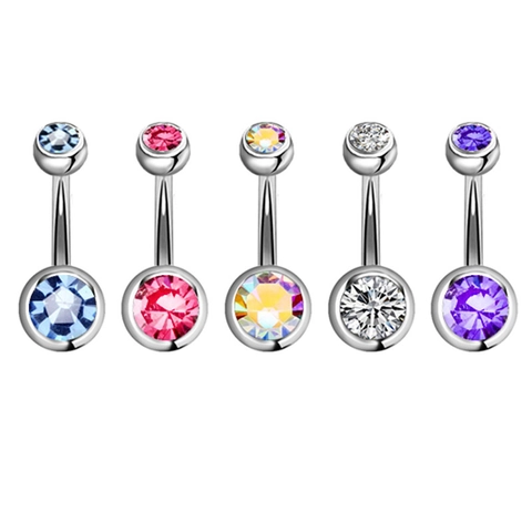 Stainless Steel Belly Button Ring With Round Zirconia Rhinestone Inlaid Double Gem Piercing Body Jewelry For Women
